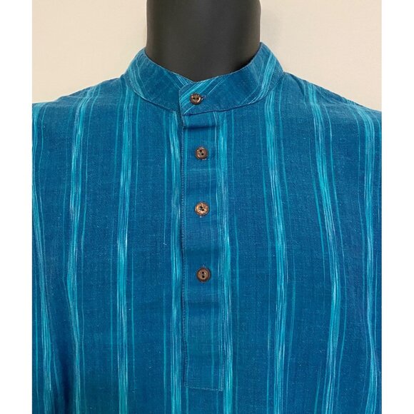 Prabartana Men's Punjabi Kurta 100% Cotton Hand Loomed Blue Teal Striped Tunic - Picture 3 of 12